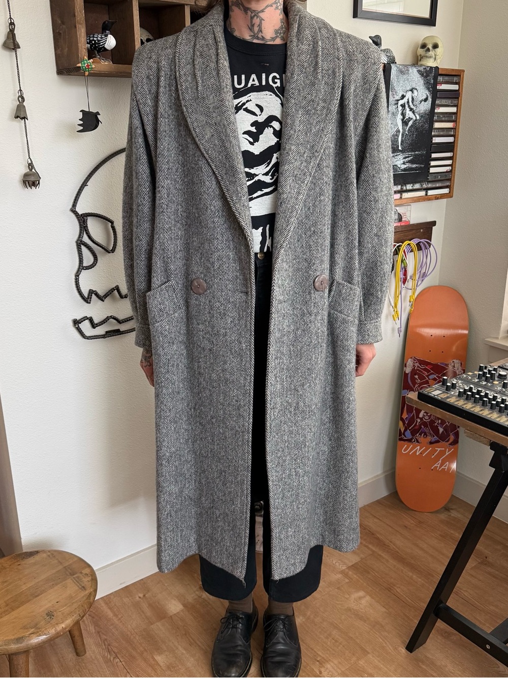 Vintage 80s Herringbone Twill Wool Blend Double Breasted Overcoat HBT~ Size XL